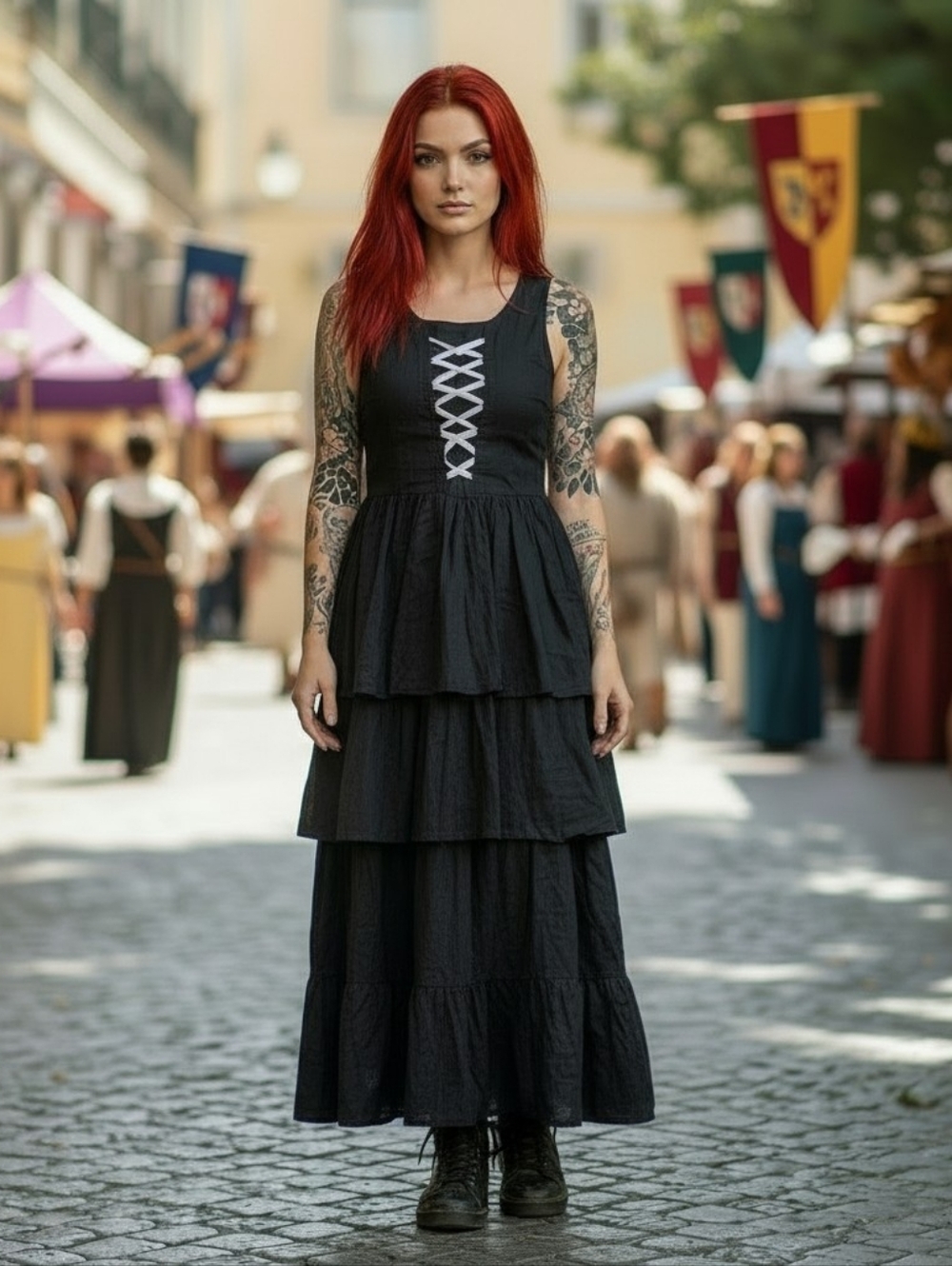 EUC Girl Merry Size Medium Gothic Black Lace Up Bodice With Long Tiered Dress!!